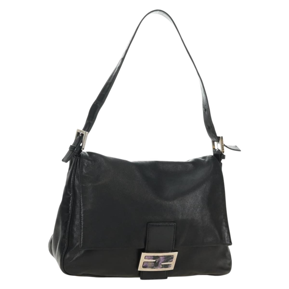 FENDI Mamma Baguette Shoulder Bag Leather Black Silver Auth 183639V