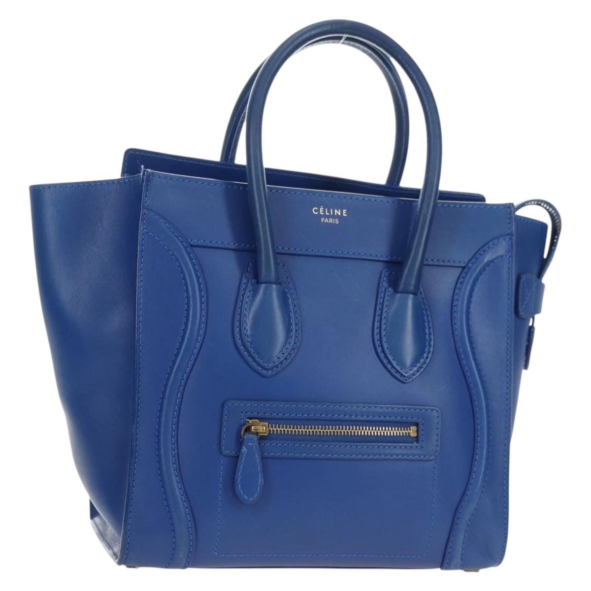 CELINE Micro shopper Hand Bag Leather Blue Gold Auth 183645V