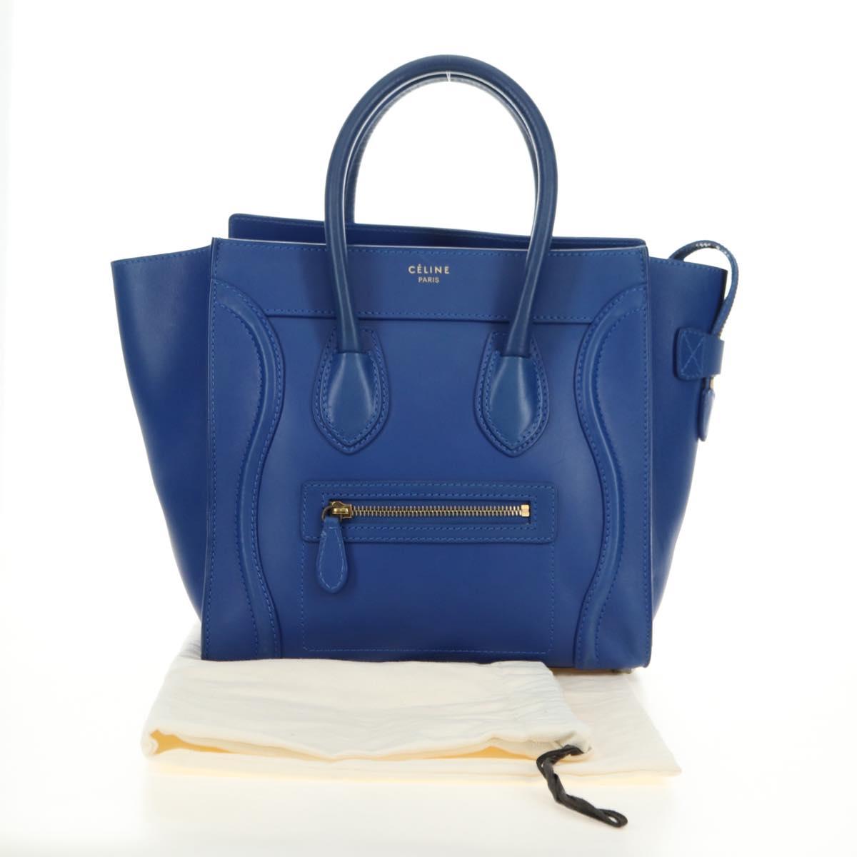CELINE Micro shopper Hand Bag Leather Blue Gold Auth 183645V
