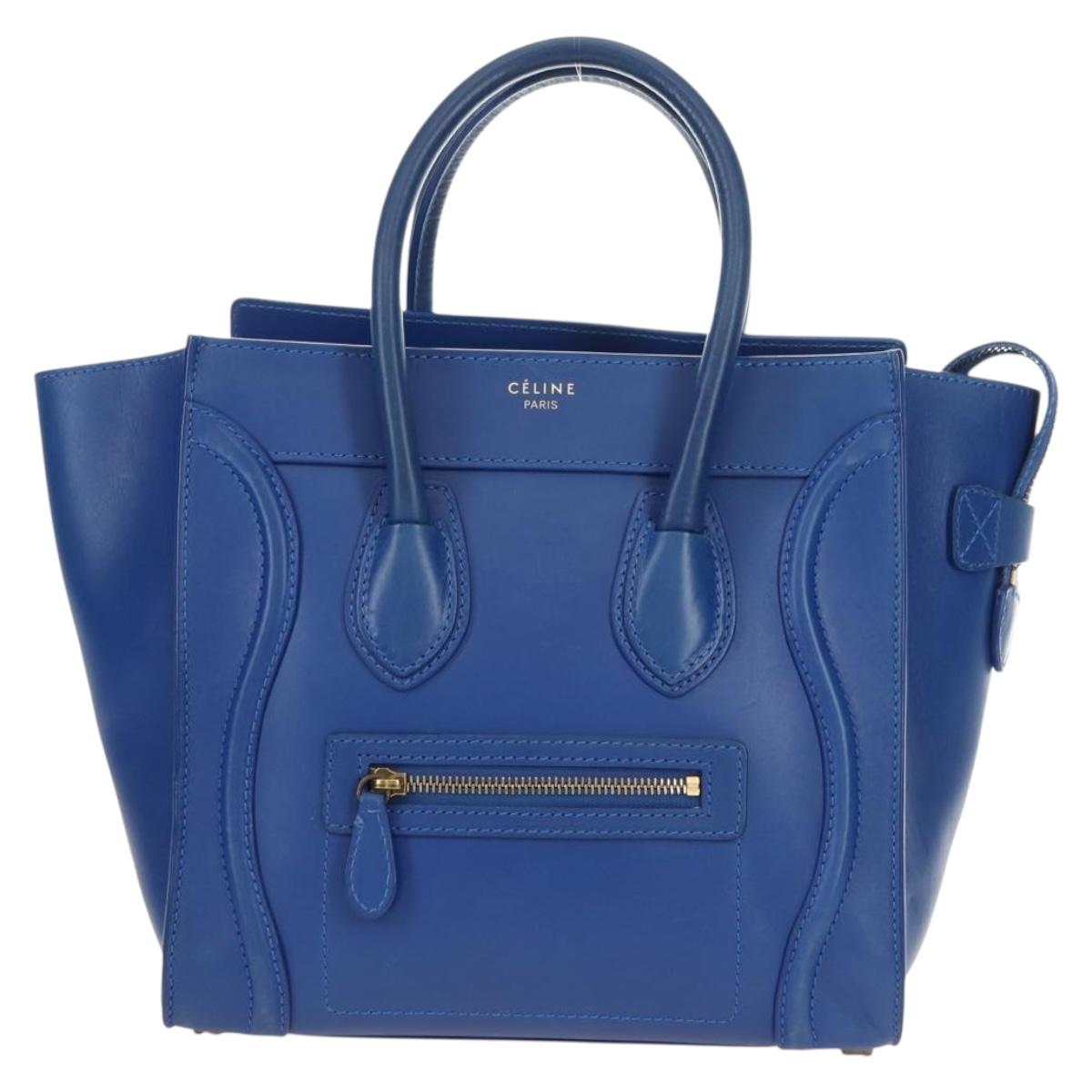 CELINE Micro shopper Hand Bag Leather Blue Gold Auth 183645V