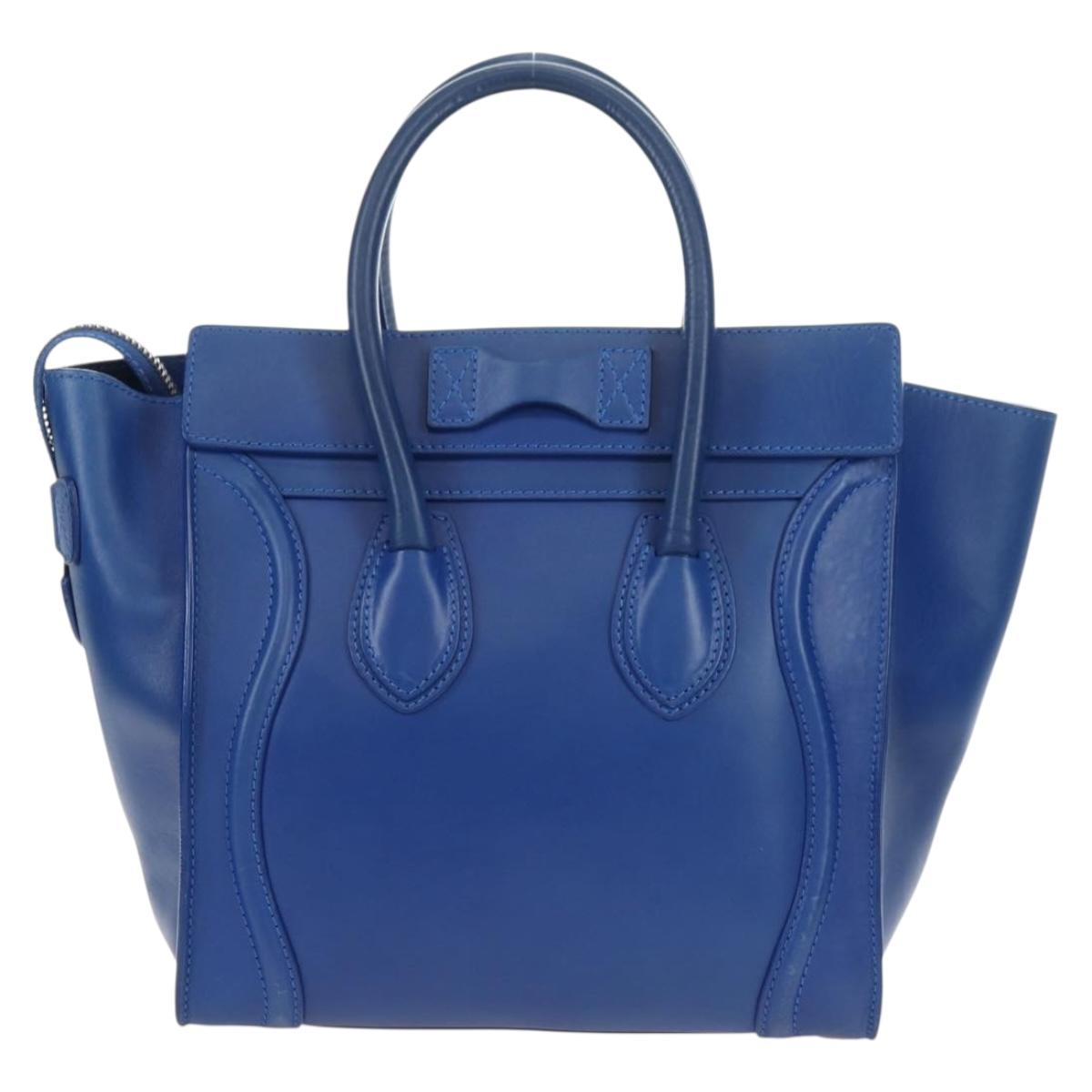 CELINE Micro shopper Hand Bag Leather Blue Gold Auth 183645V