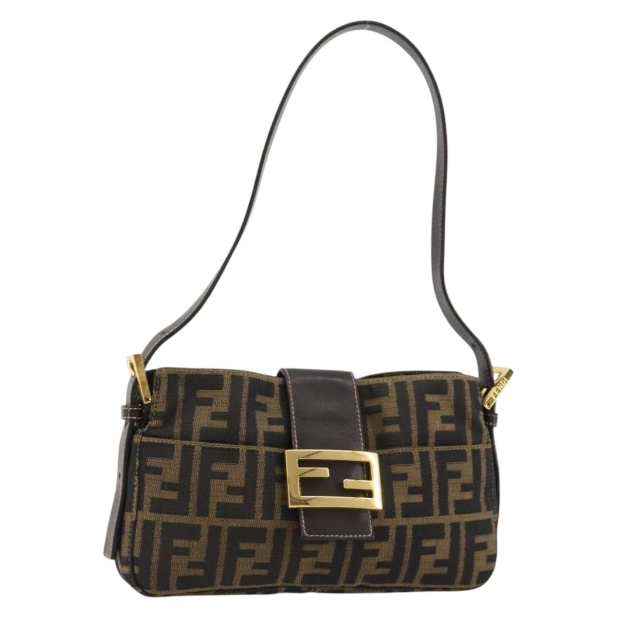 FENDI Zucca Canvas Mamma Baguette Shoulder Bag Black Brown Auth 183649SAV
