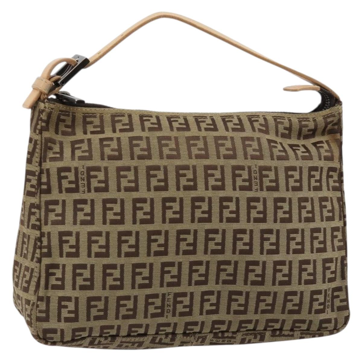 FENDI Zucchino Canvas Hand Bag Beige Silver Auth 183653A