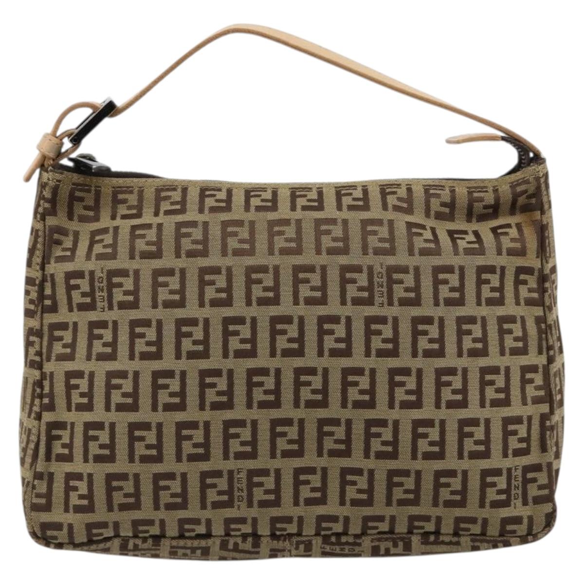 FENDI Zucchino Canvas Hand Bag Beige Silver Auth 183653A