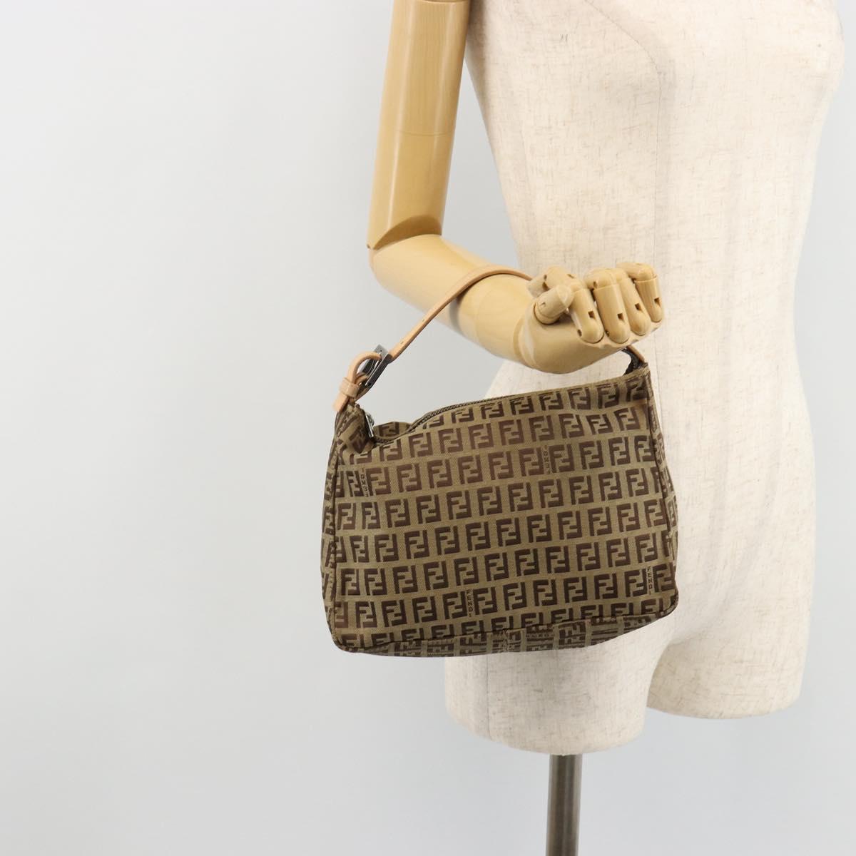 FENDI Zucchino Canvas Hand Bag Beige Silver Auth 183653A