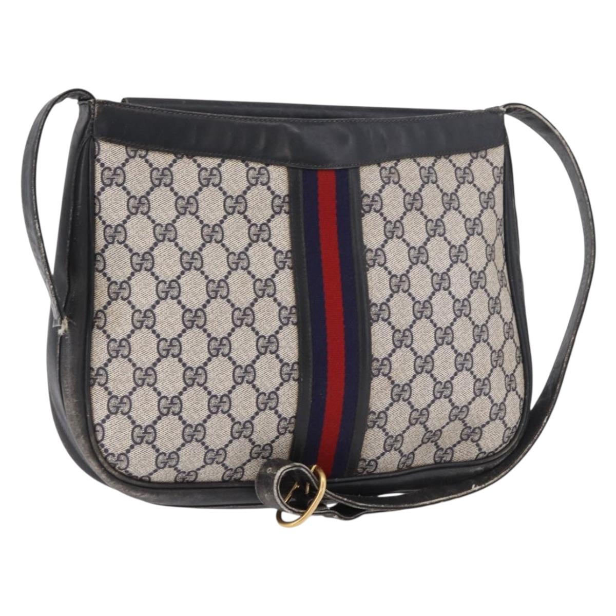 GUCCI GG Supreme Sherry Line Shoulder Bag PVC Navy Gold Auth 183657