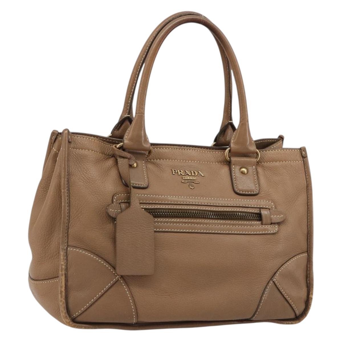 PRADA Hand Bag Leather Brown Gold Auth 183668A