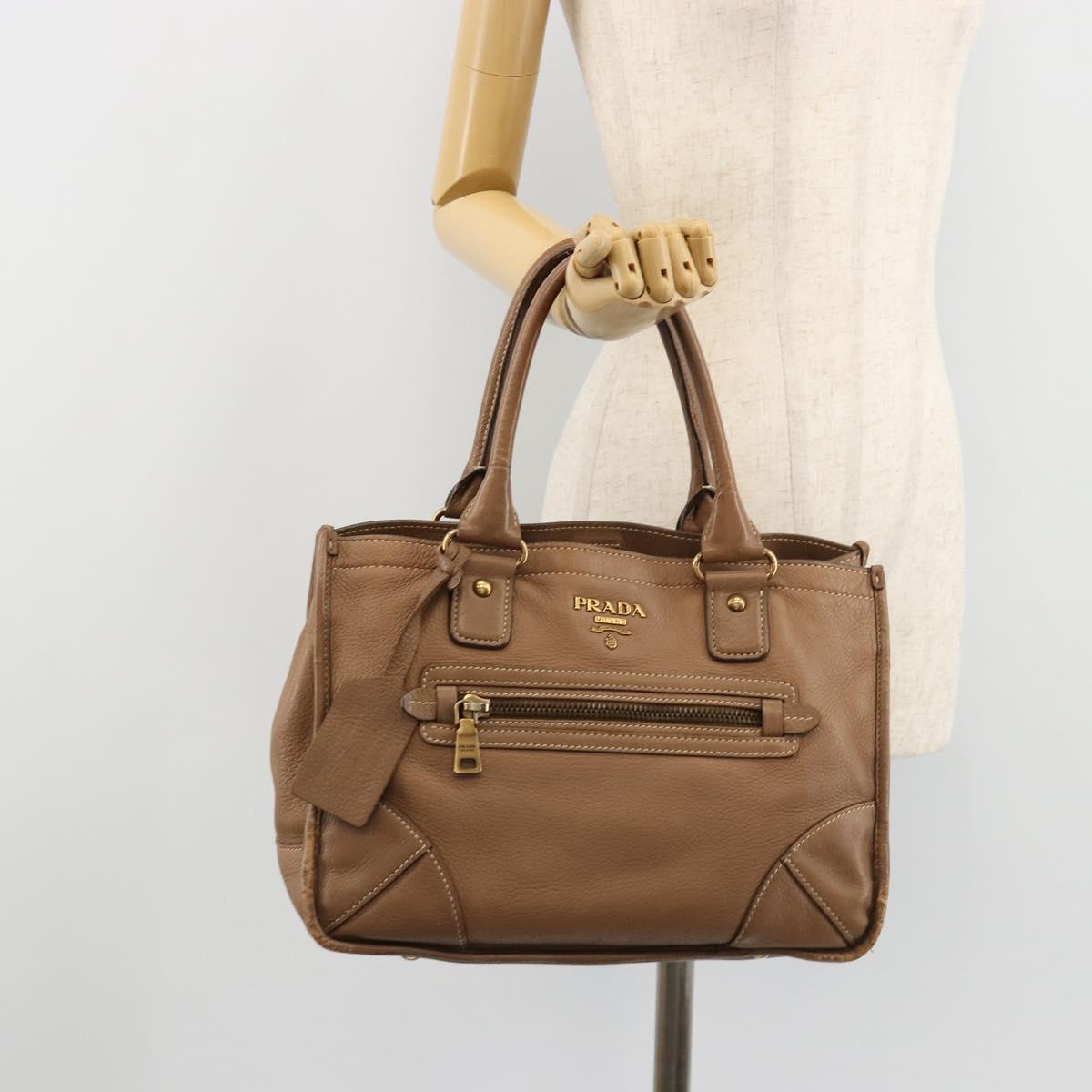 PRADA Hand Bag Leather Brown Gold Auth 183668A
