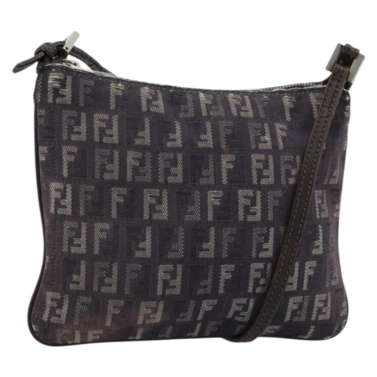 FENDI Zucchino Canvas Shoulder Bag Gray Silver Auth 183672A