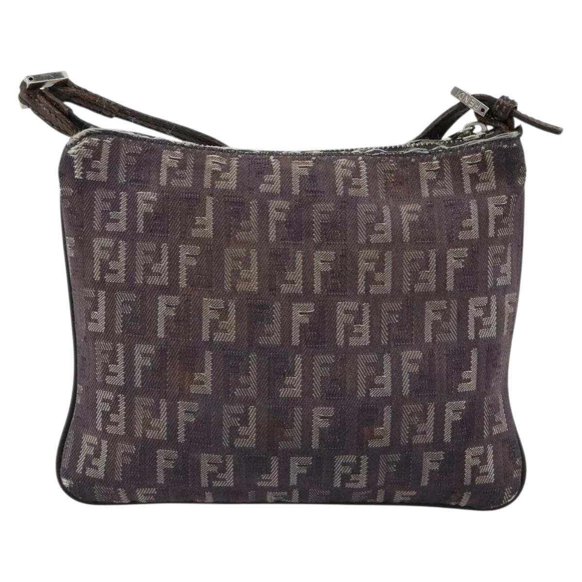 FENDI Zucchino Canvas Shoulder Bag Gray Silver Auth 183672A