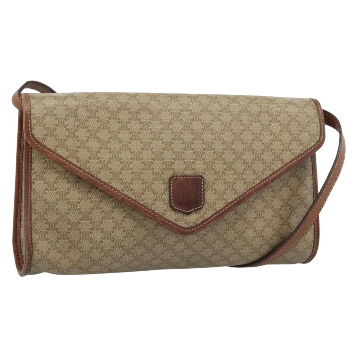 CELINE Macadam Canvas Shoulder Bag PVC Beige Gold Auth 183675