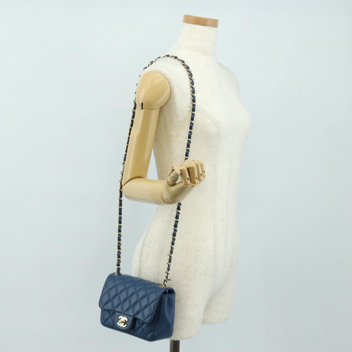 CHANEL Chain Mini Matelasse 16 Shoulder Bag Lamb Skin Blue Gold CC Auth 183683M