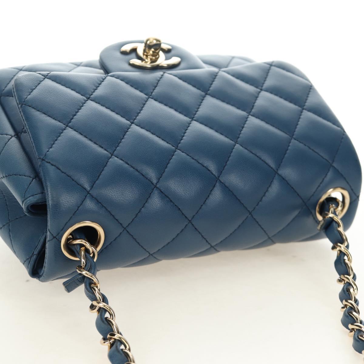 CHANEL Chain Mini Matelasse 16 Shoulder Bag Lamb Skin Blue Gold CC Auth 183683M