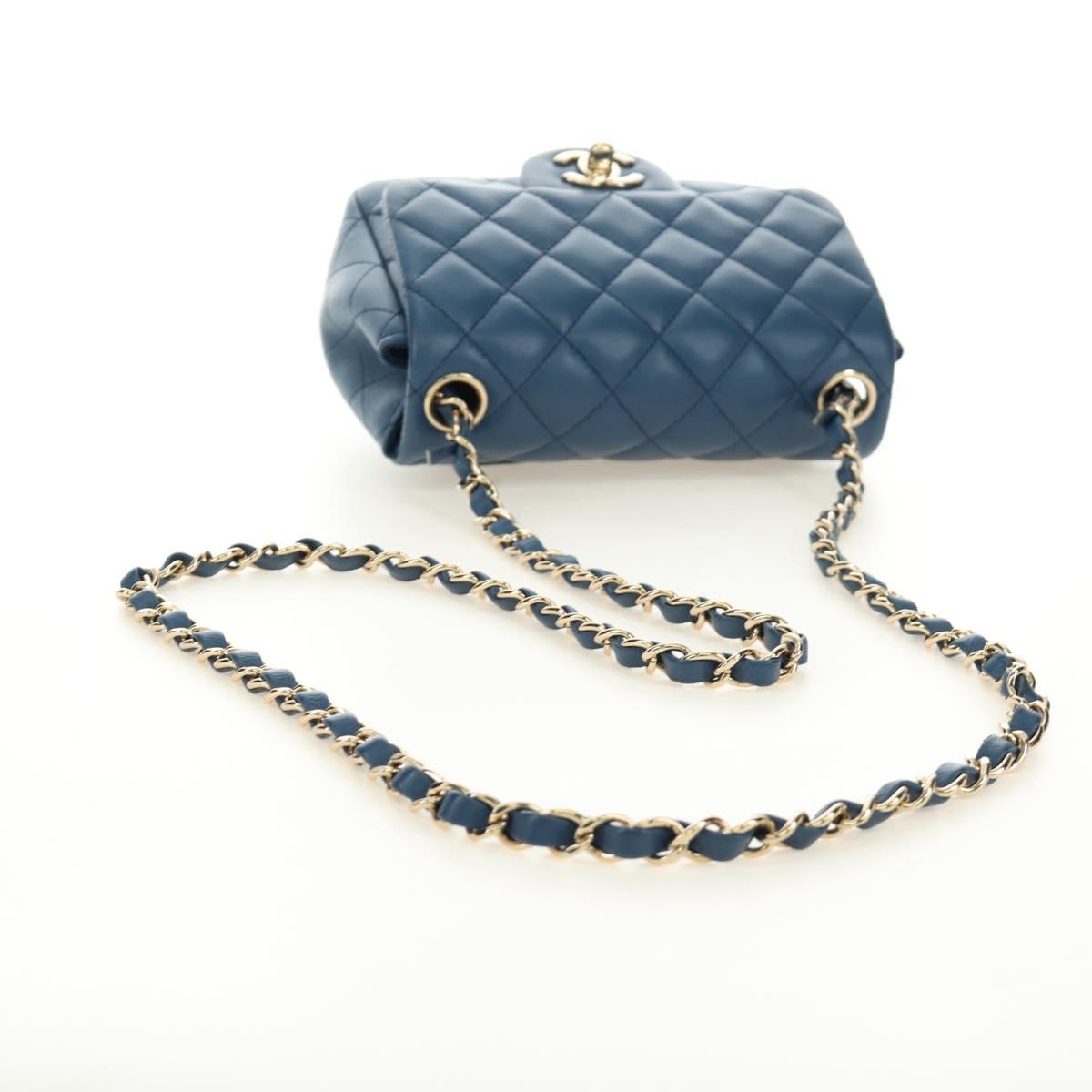 CHANEL Chain Mini Matelasse 16 Shoulder Bag Lamb Skin Blue Gold CC Auth 183683M