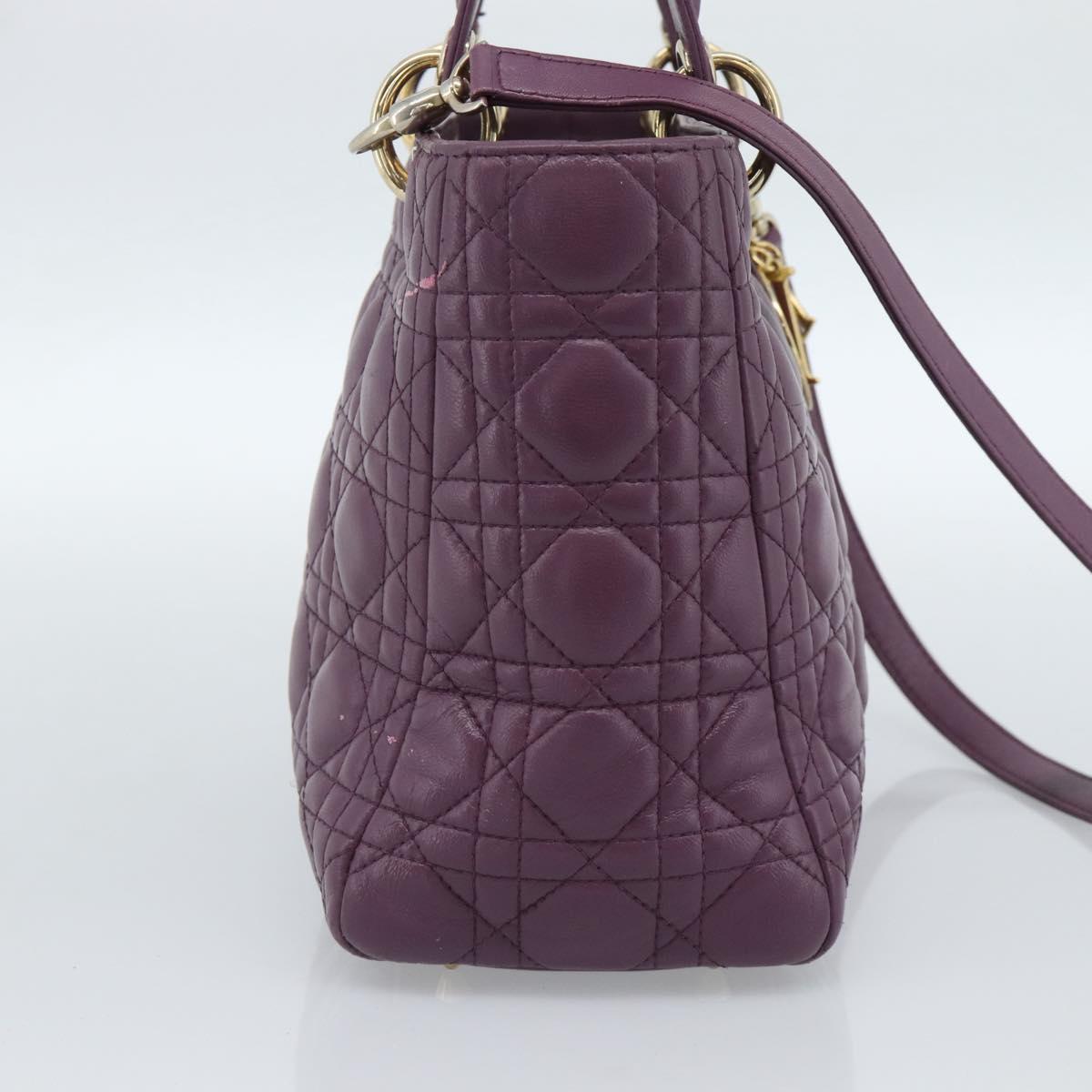 Christian Dior Canage Lady Dior Hand Bag Lamb Skin 2way Purple Gold Auth 183704M