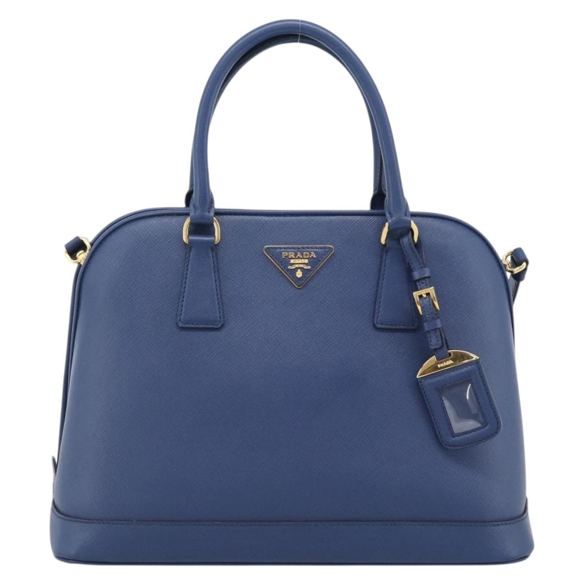 PRADA Hand Bag Saffiano leather 2way Blue Gold Auth 183706M