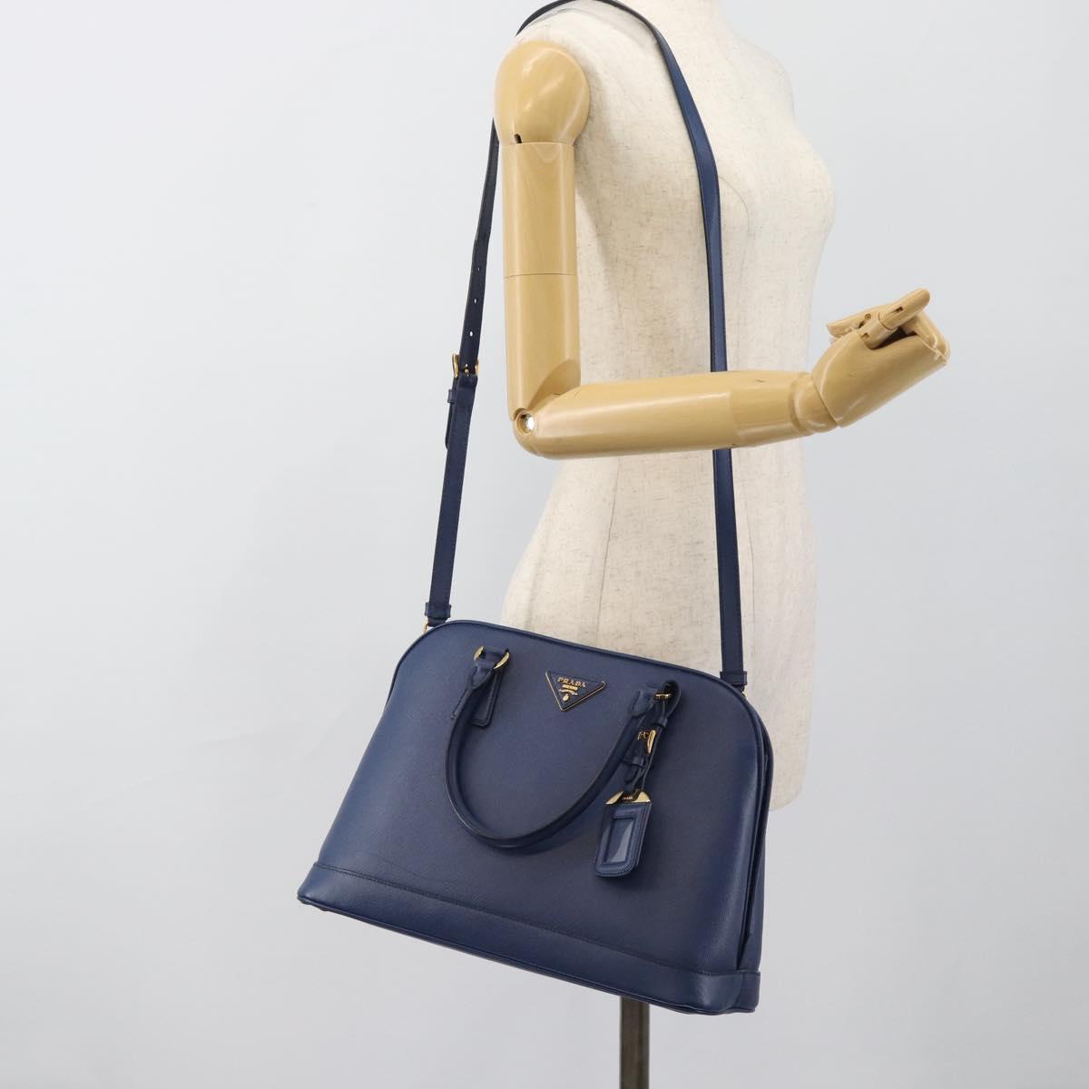 PRADA Hand Bag Saffiano leather 2way Blue Gold Auth 183706M