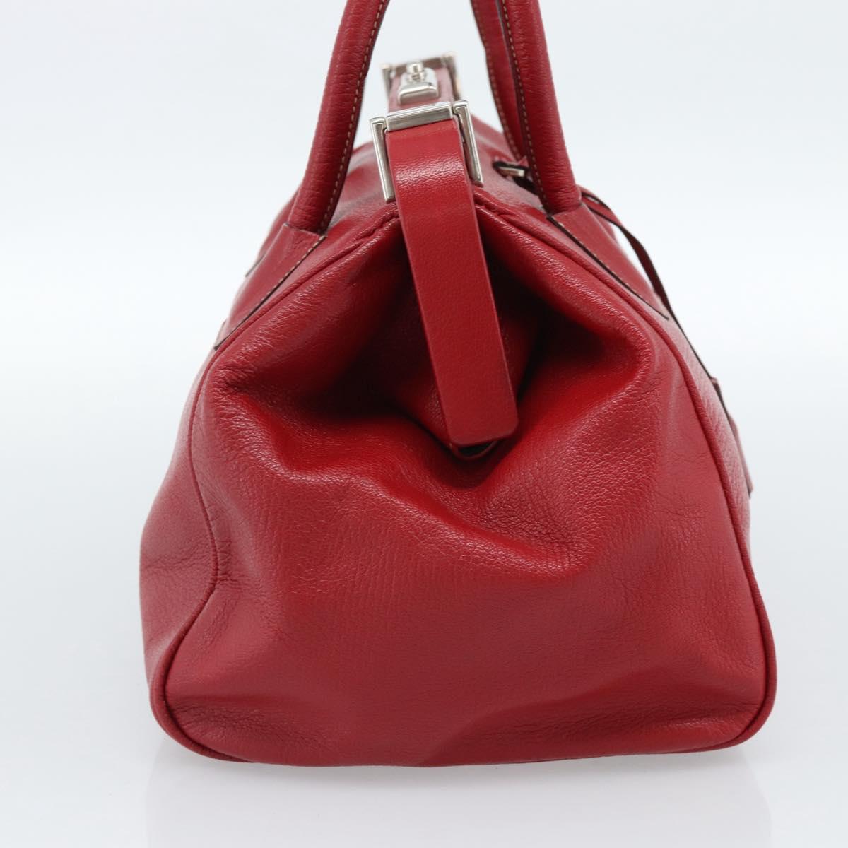 PRADA Hand Bag Leather Red Silver Auth 183707A