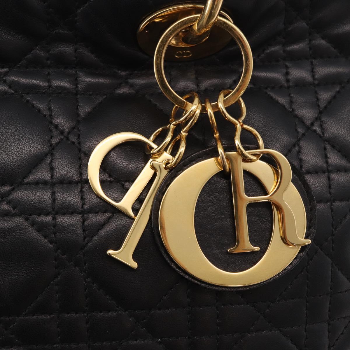 Christian Dior Lady Dior Canage Hand Bag Lamb Skin 2way Black Gold Auth 183708V