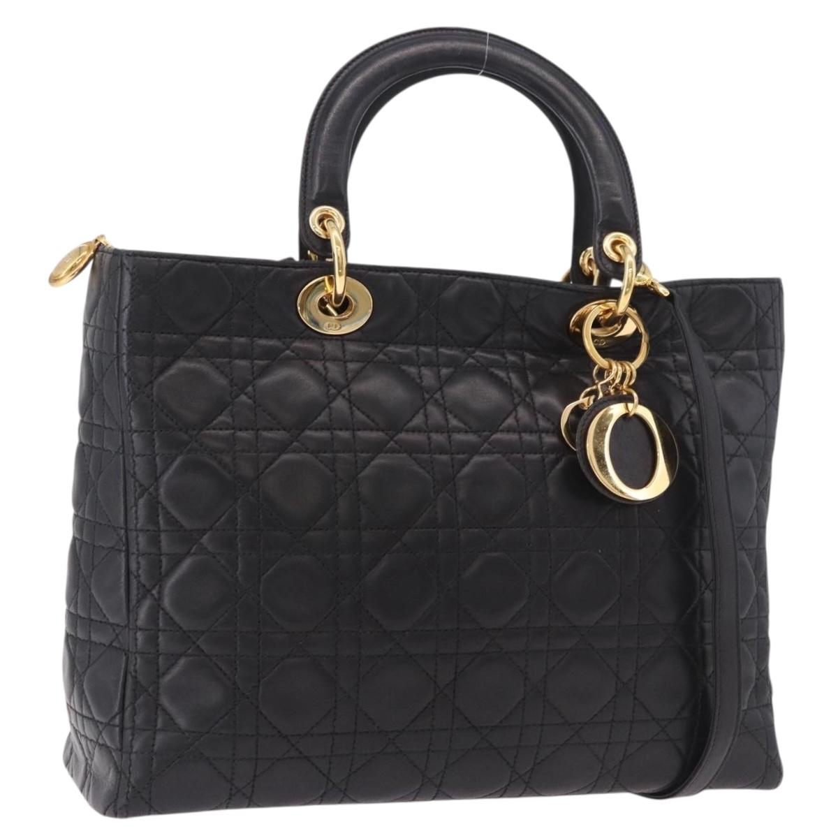Christian Dior Lady Dior Canage Hand Bag Lamb Skin 2way Black Gold Auth 183708V