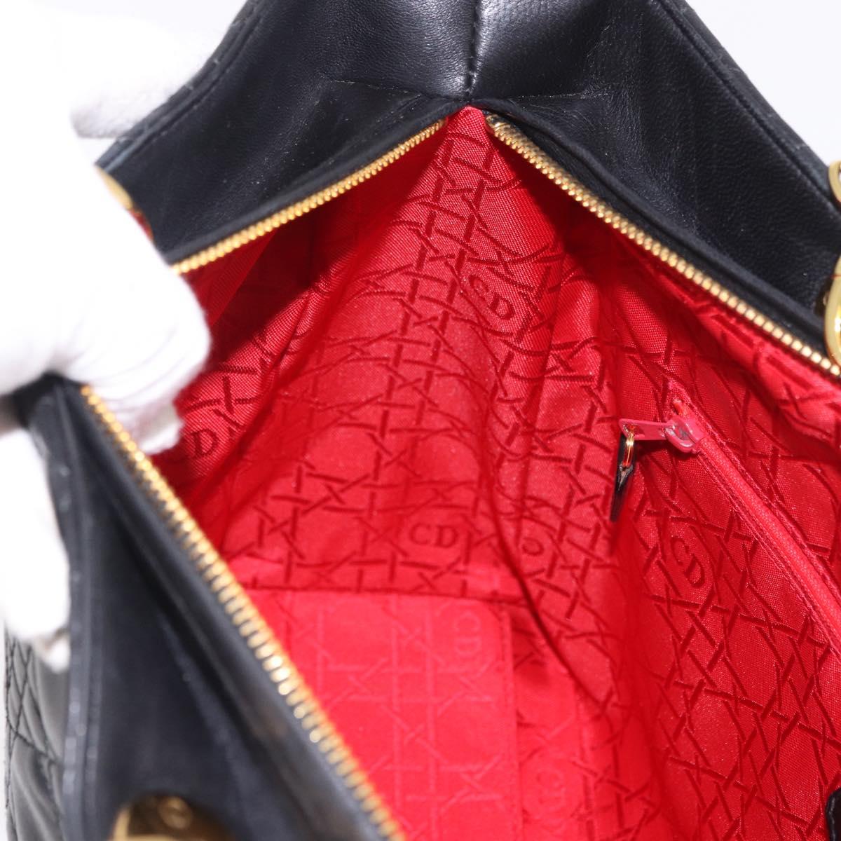 Christian Dior Lady Dior Canage Hand Bag Lamb Skin 2way Black Gold Auth 183708V