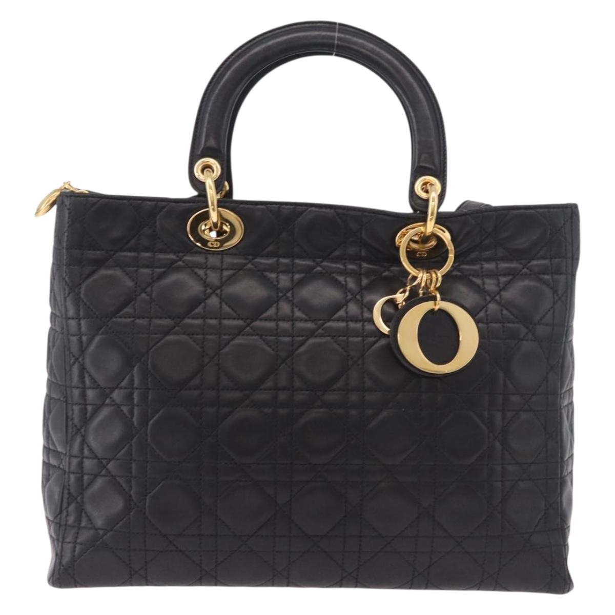 Christian Dior Lady Dior Canage Hand Bag Lamb Skin 2way Black Gold Auth 183708V