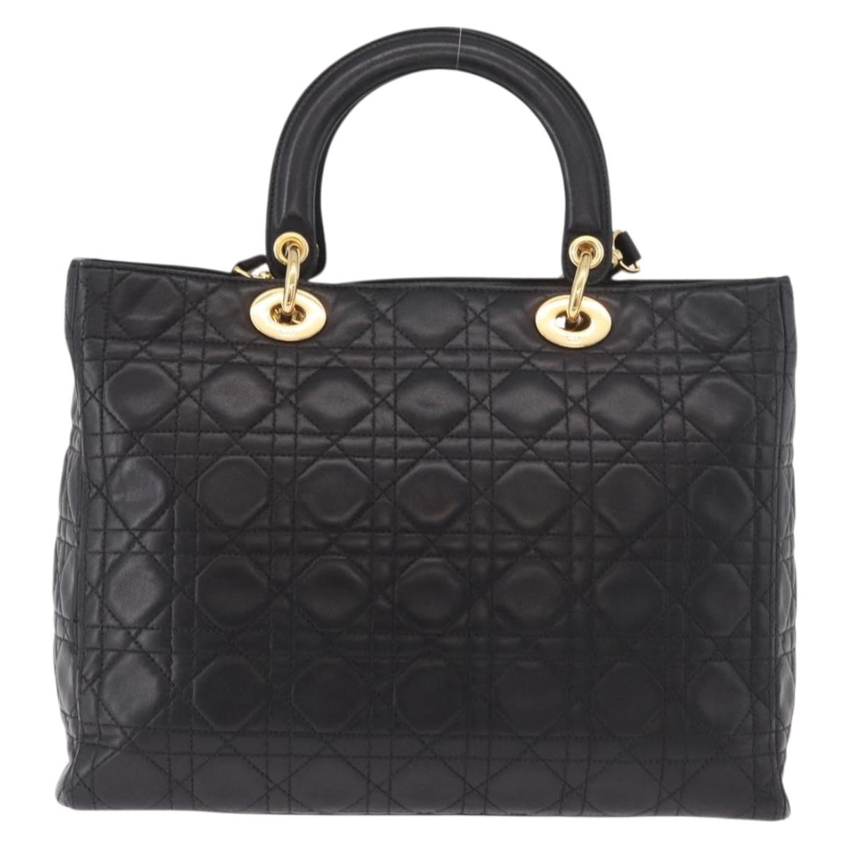 Christian Dior Lady Dior Canage Hand Bag Lamb Skin 2way Black Gold Auth 183708V