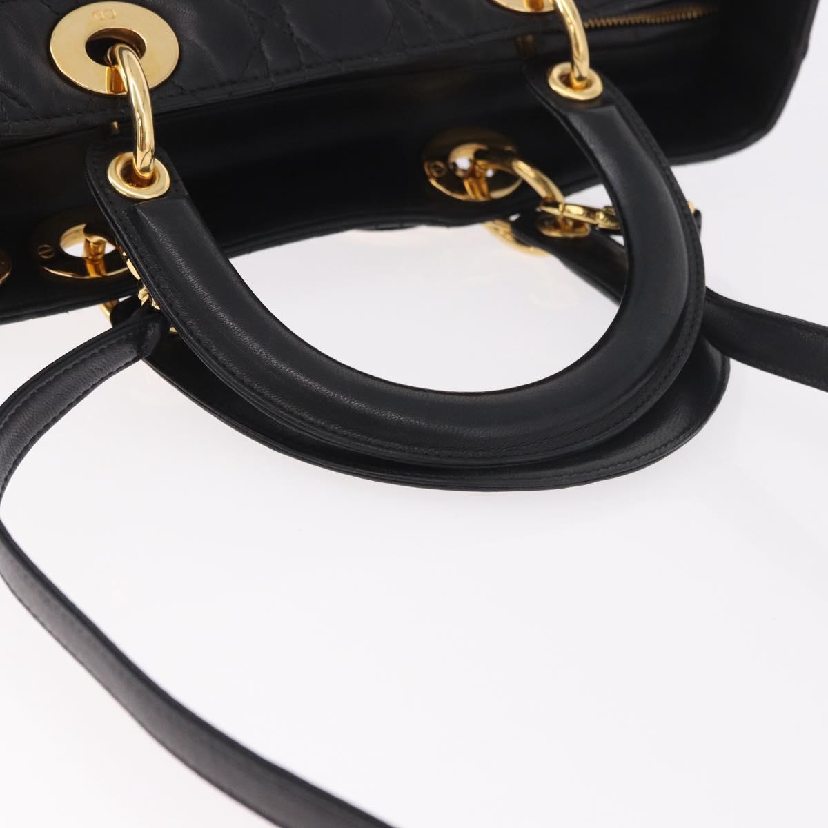 Christian Dior Lady Dior Canage Hand Bag Lamb Skin 2way Black Gold Auth 183708V