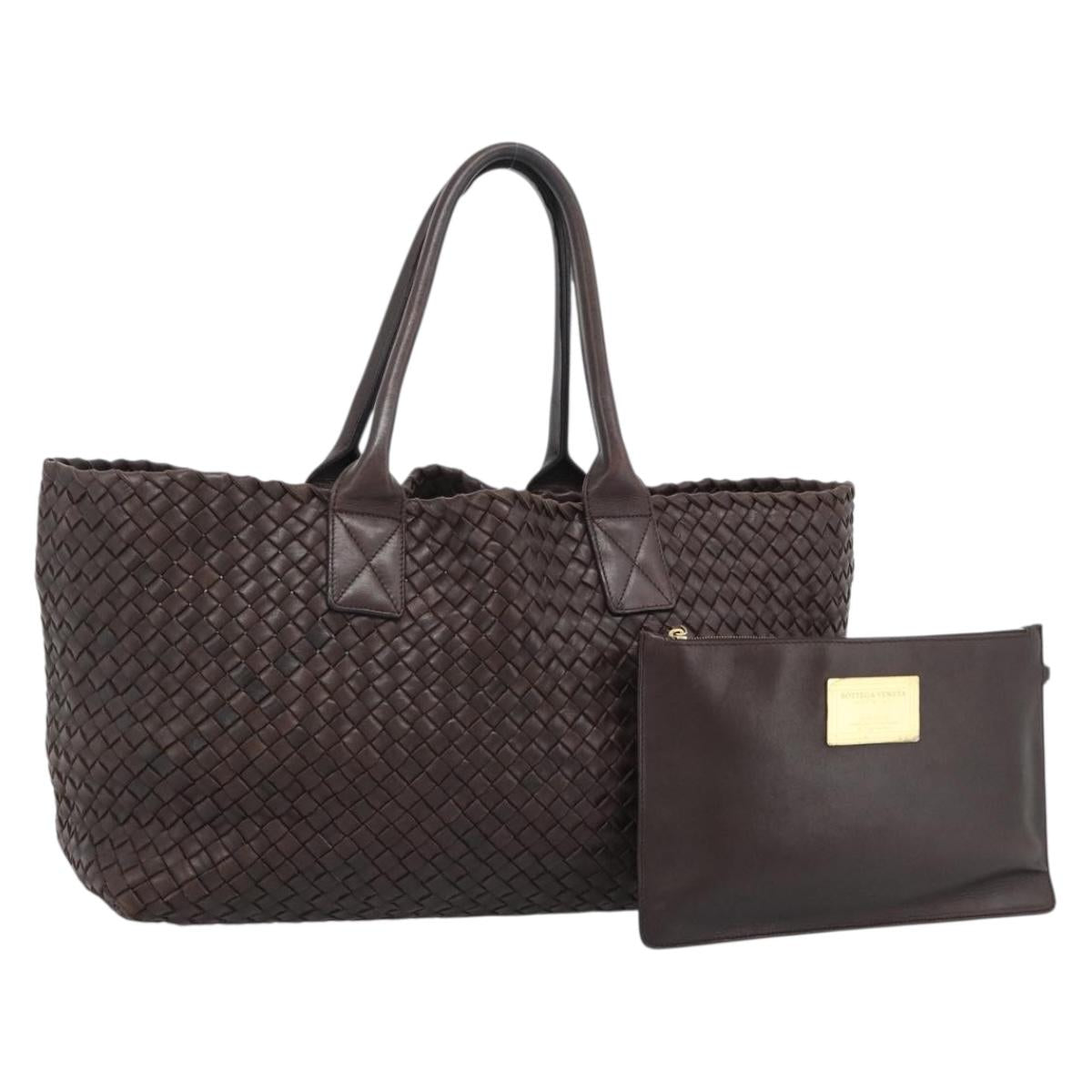 BOTTEGA VENETA INTRECCIATO Cabas MM Hand Bag Leather Brown Gold Auth 183710V