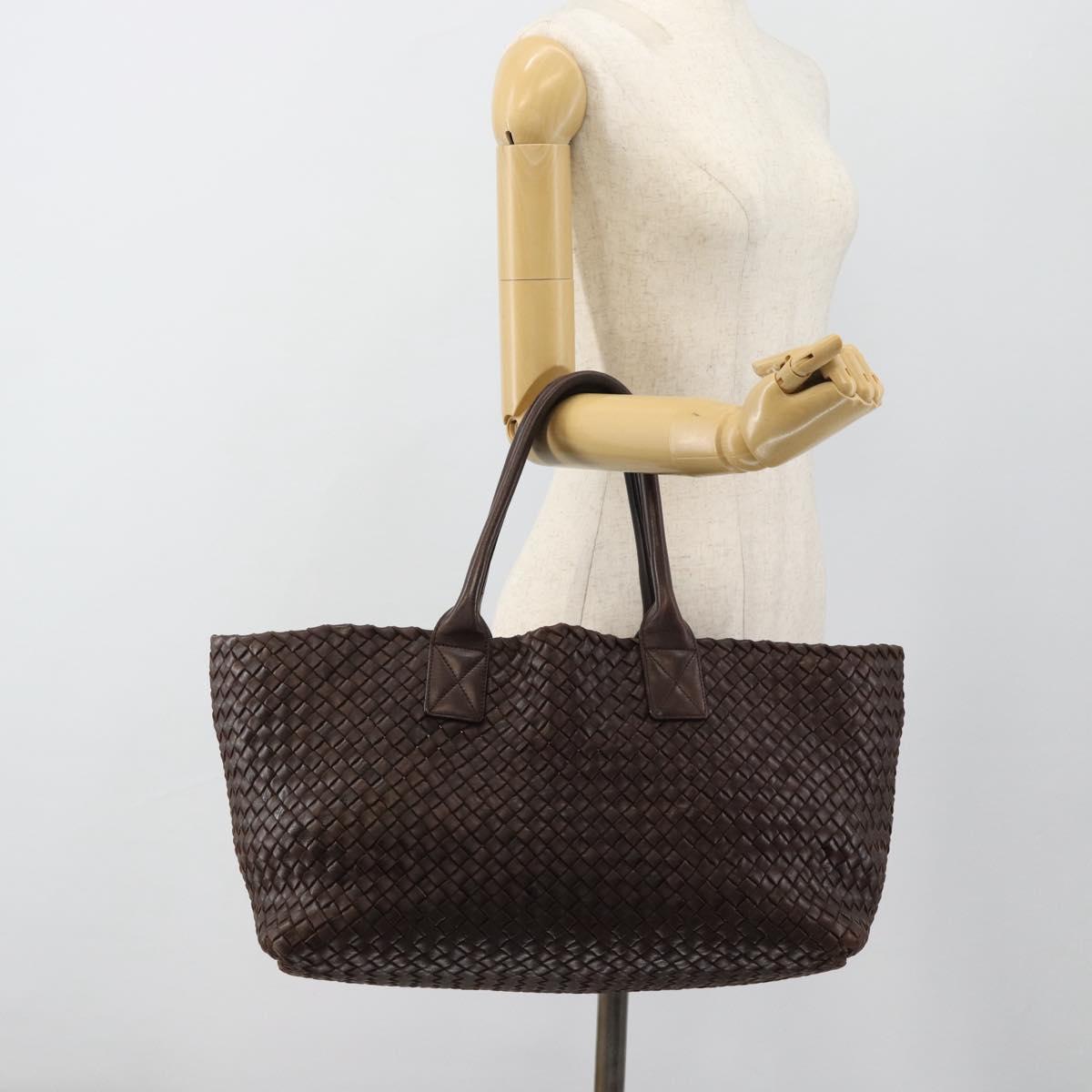 BOTTEGA VENETA INTRECCIATO Cabas MM Hand Bag Leather Brown Gold Auth 183710V