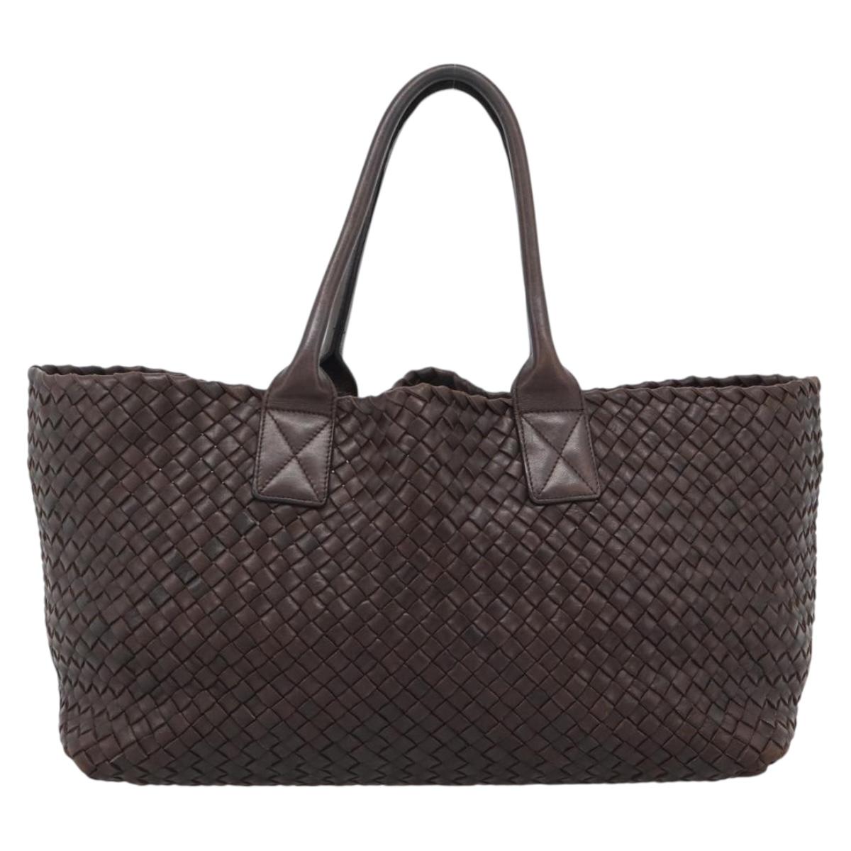 BOTTEGA VENETA INTRECCIATO Cabas MM Hand Bag Leather Brown Gold Auth 183710V