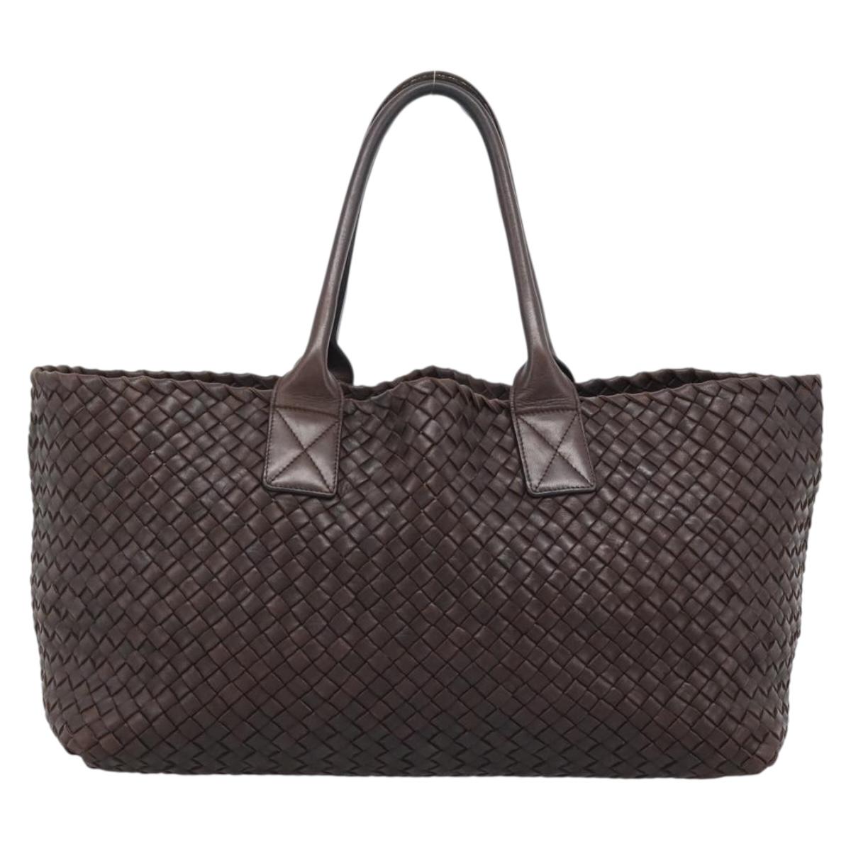 BOTTEGA VENETA INTRECCIATO Cabas MM Hand Bag Leather Brown Gold Auth 183710V