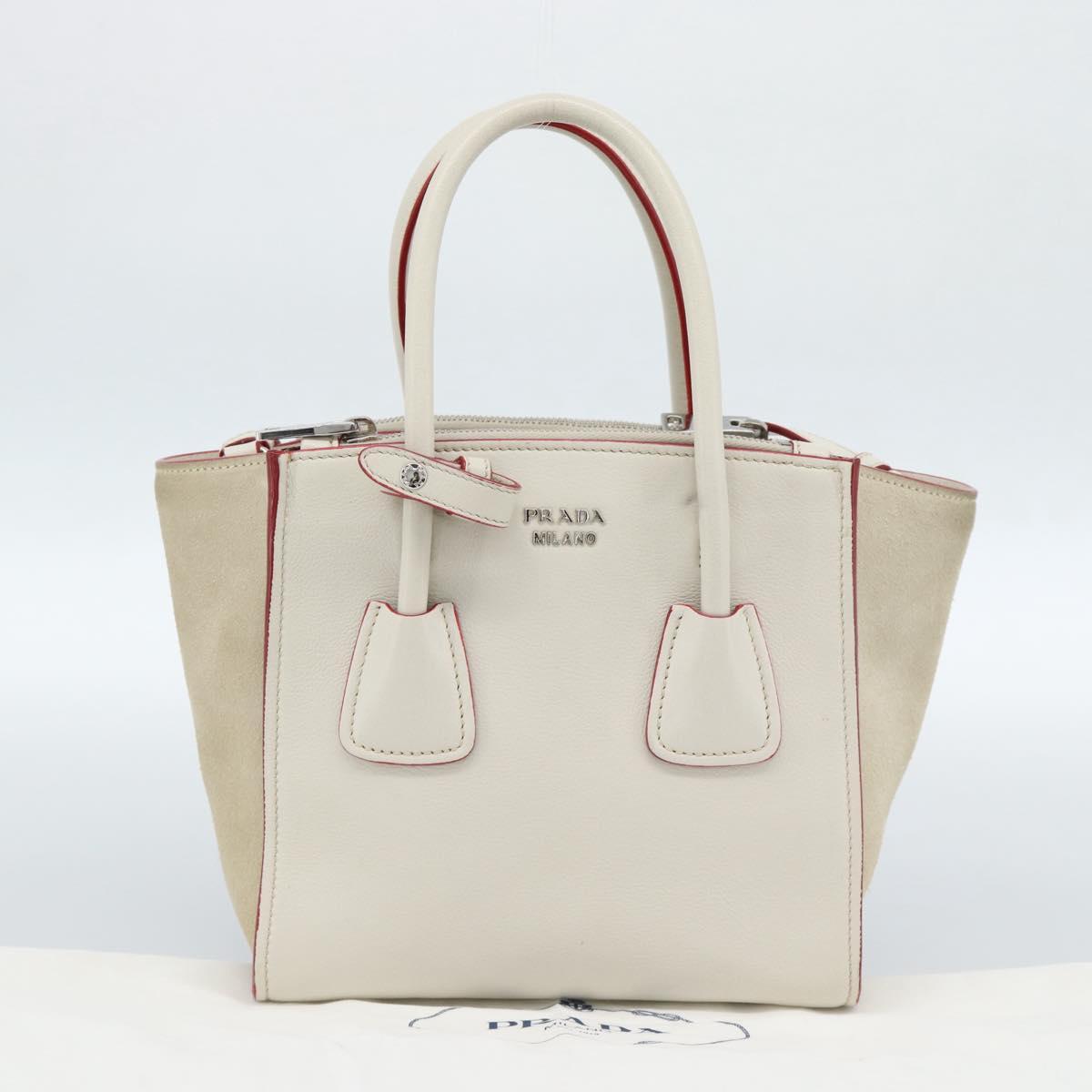PRADA Hand Bag Leather 2way White Silver Auth 183712M