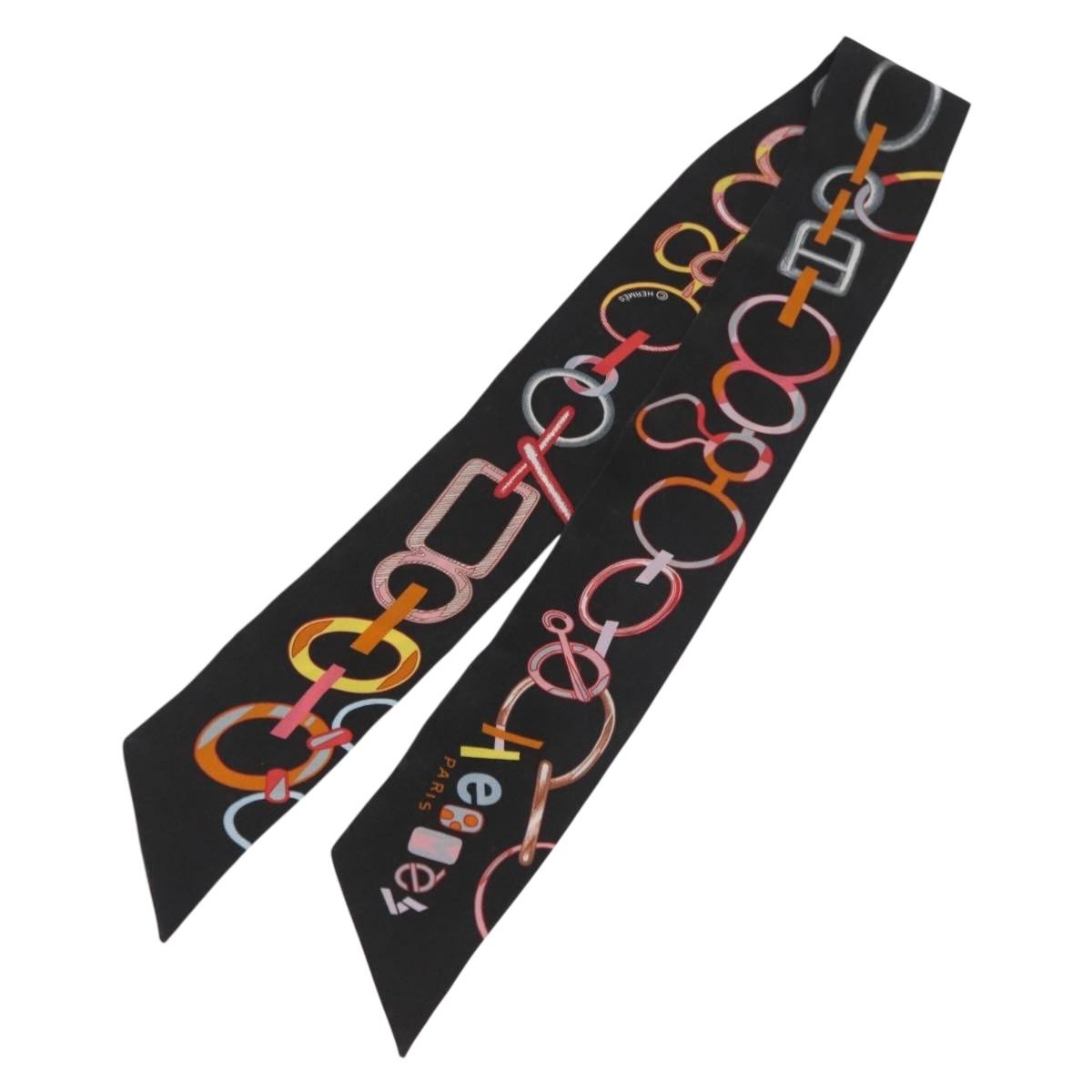 HERMES Twilly Scarf Silk ""DO RE BOUCLES"" Black Auth 183731