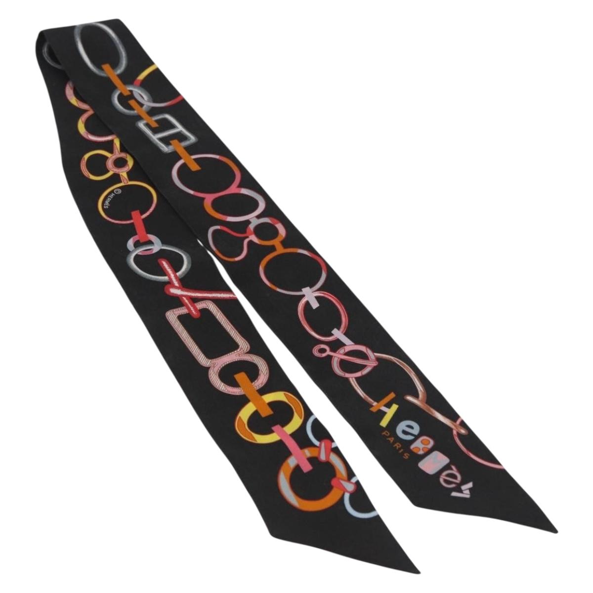 HERMES Twilly Scarf Silk ""DO RE BOUCLES"" Black Auth 183731