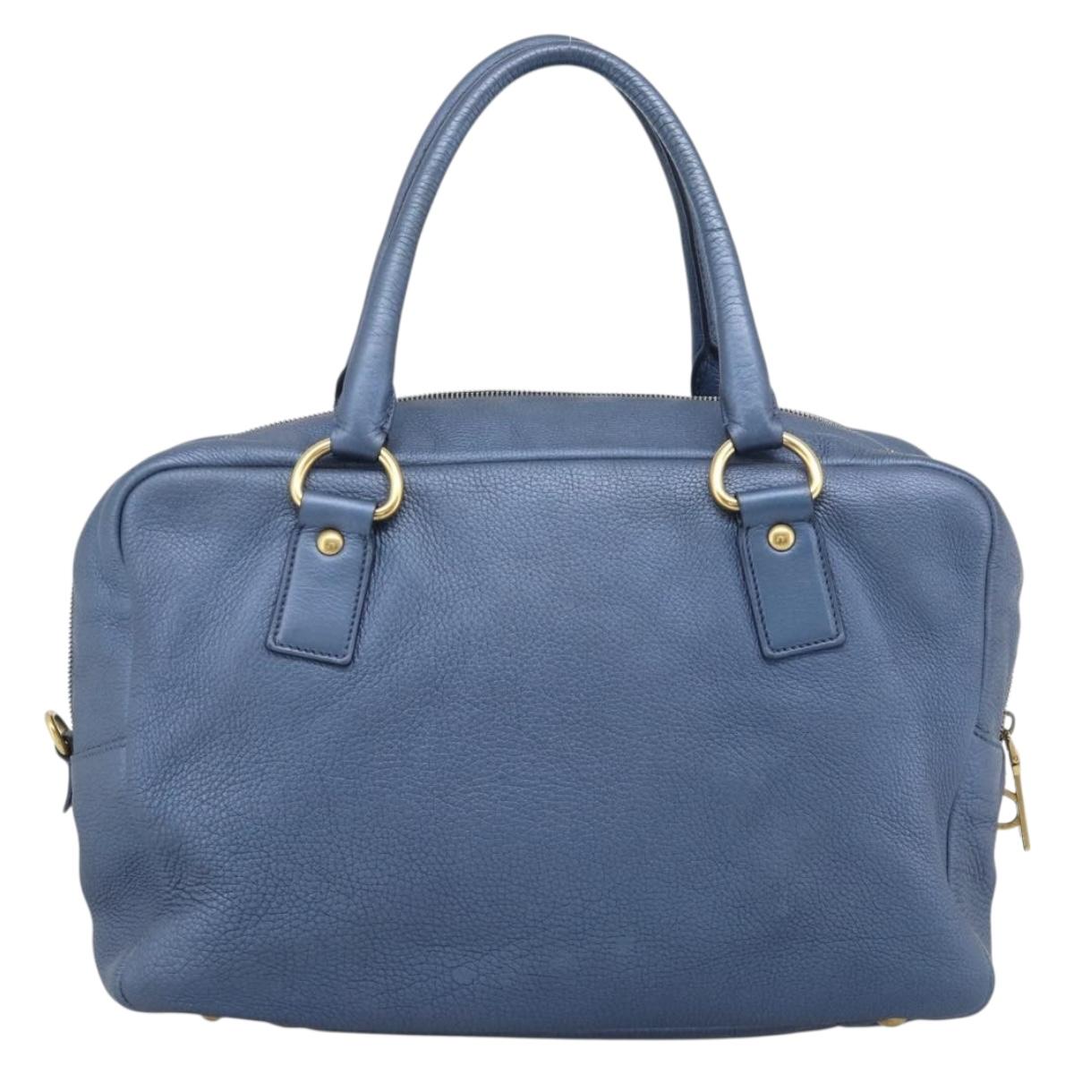 PRADA Hand Bag Leather Blue Gold Auth 183765V