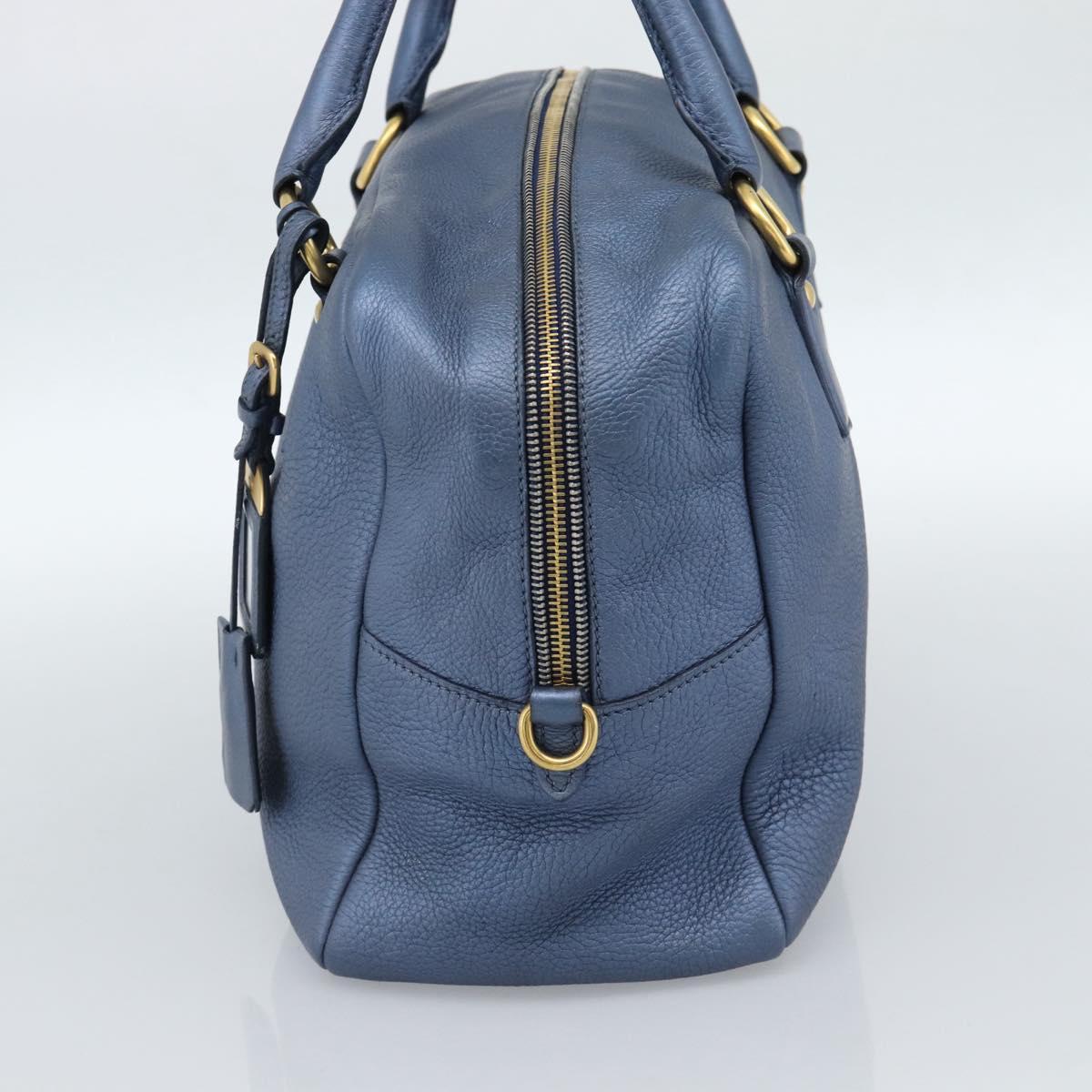 PRADA Hand Bag Leather Blue Gold Auth 183765V