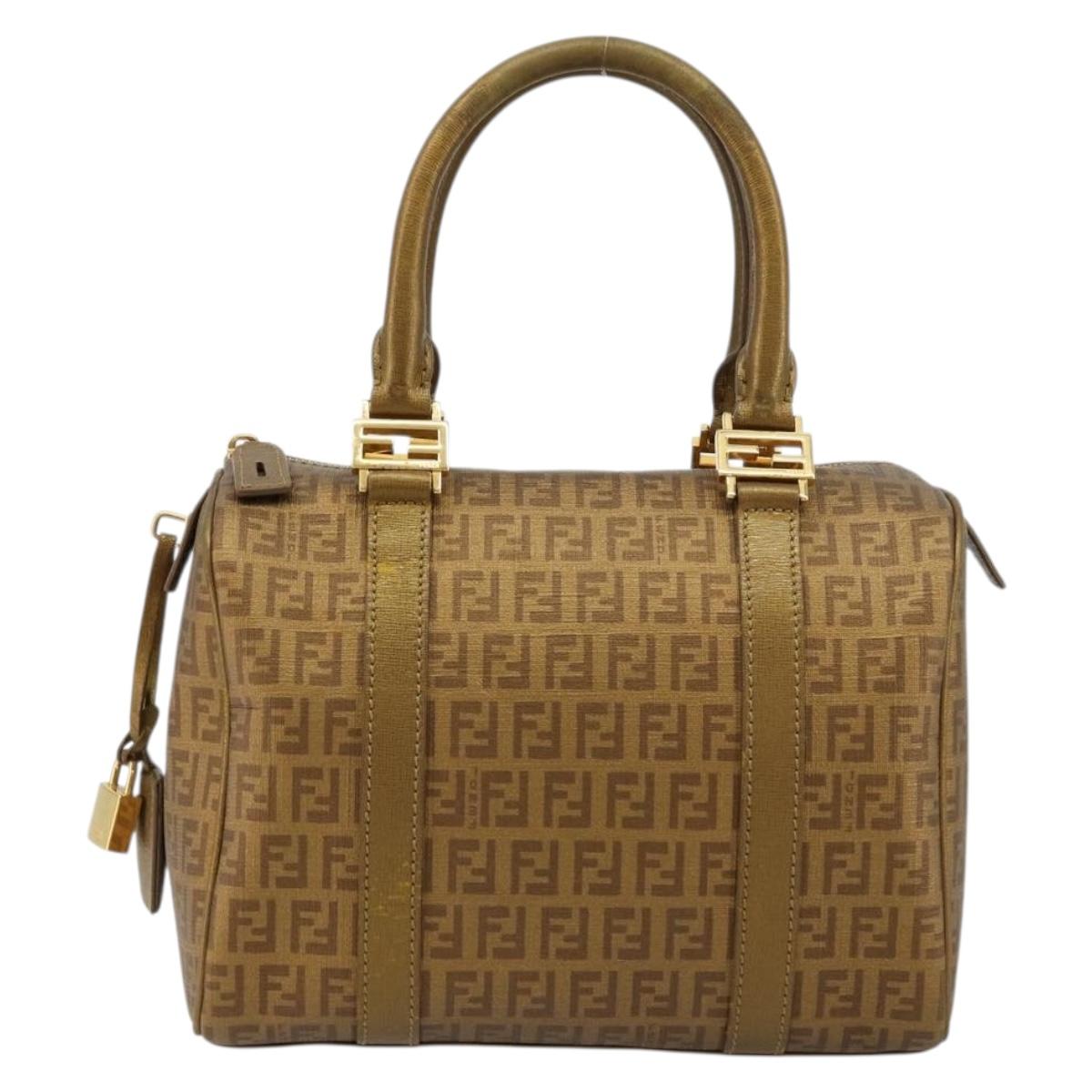 FENDI Zucchino Canvas Boston Bag Beige Gold Auth 183766A
