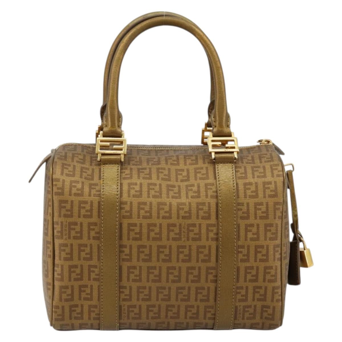 FENDI Zucchino Canvas Boston Bag Beige Gold Auth 183766A