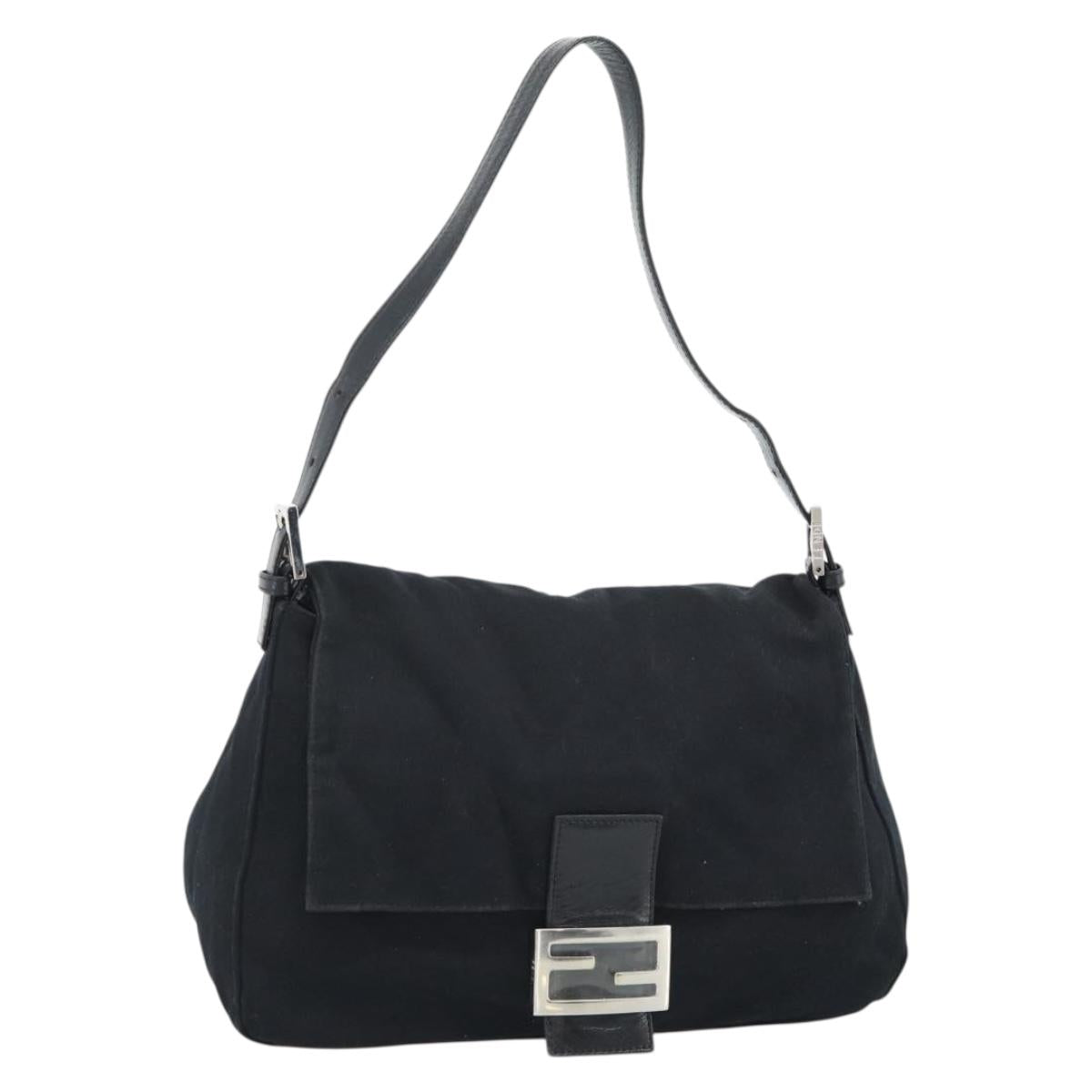 FENDI Mamma Baguette Shoulder Bag Cotton Jersey Black Silver Auth 183767