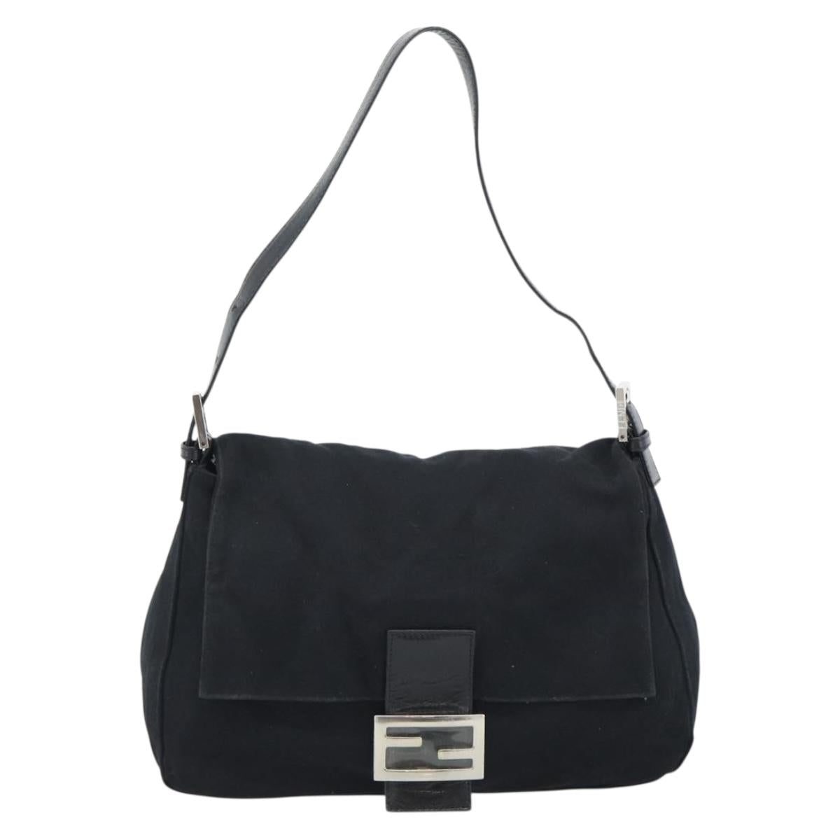 FENDI Mamma Baguette Shoulder Bag Cotton Jersey Black Silver Auth 183767