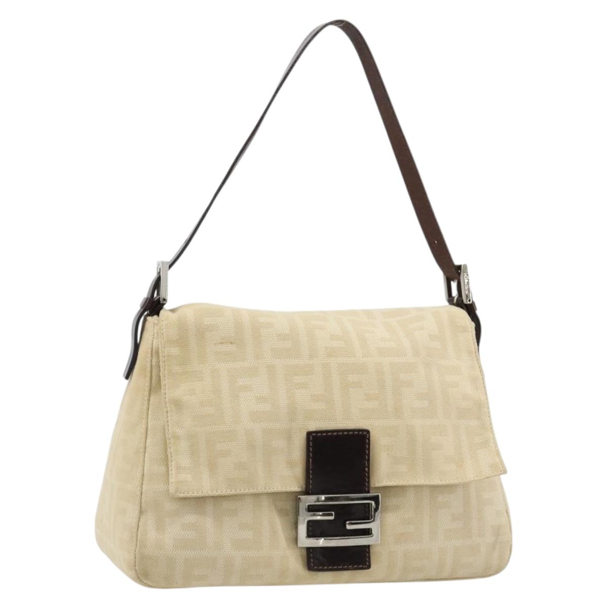 FENDI Zucca Canvas Mamma Baguette Shoulder Bag Beige Silver Auth 183770V