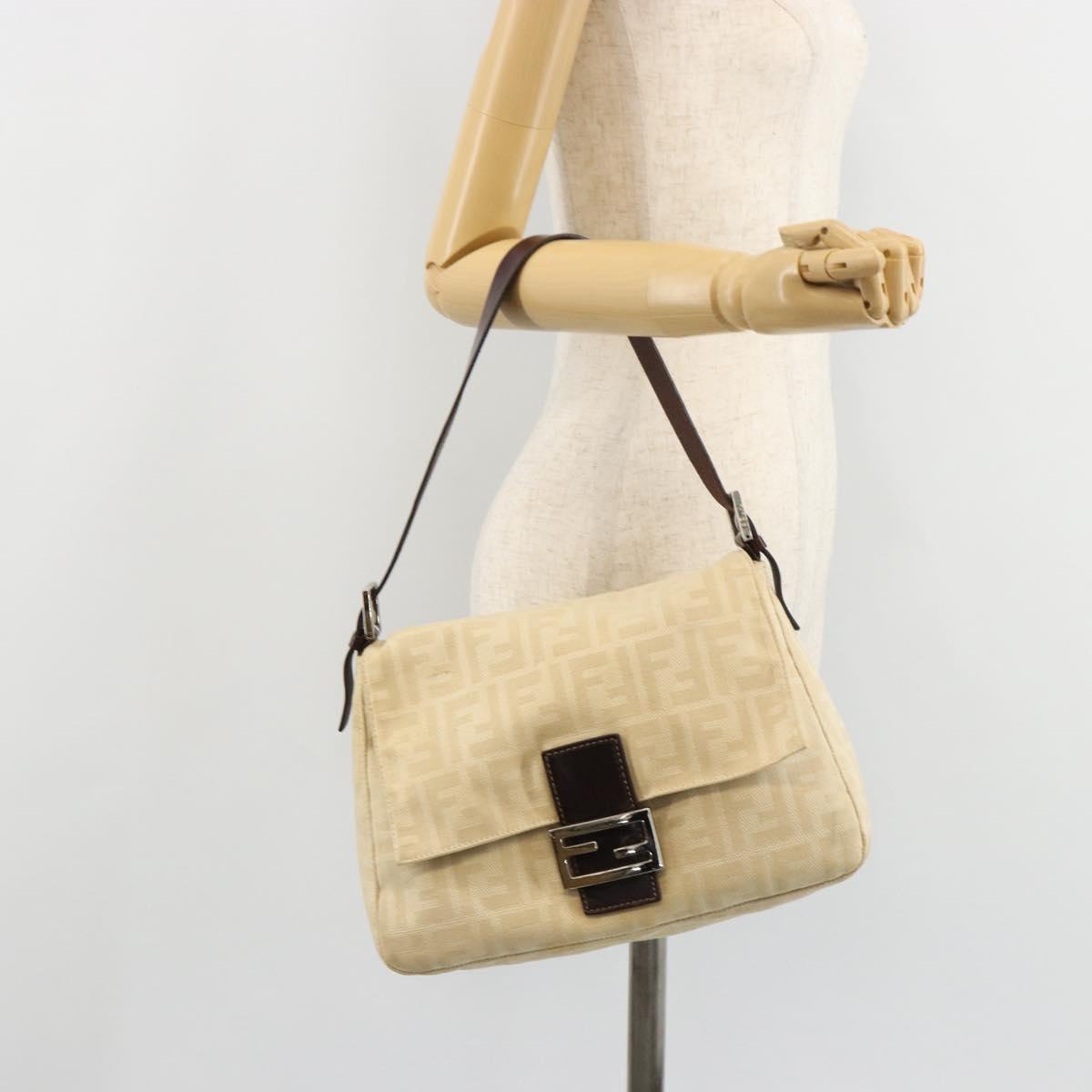 FENDI Zucca Canvas Mamma Baguette Shoulder Bag Beige Silver Auth 183770V
