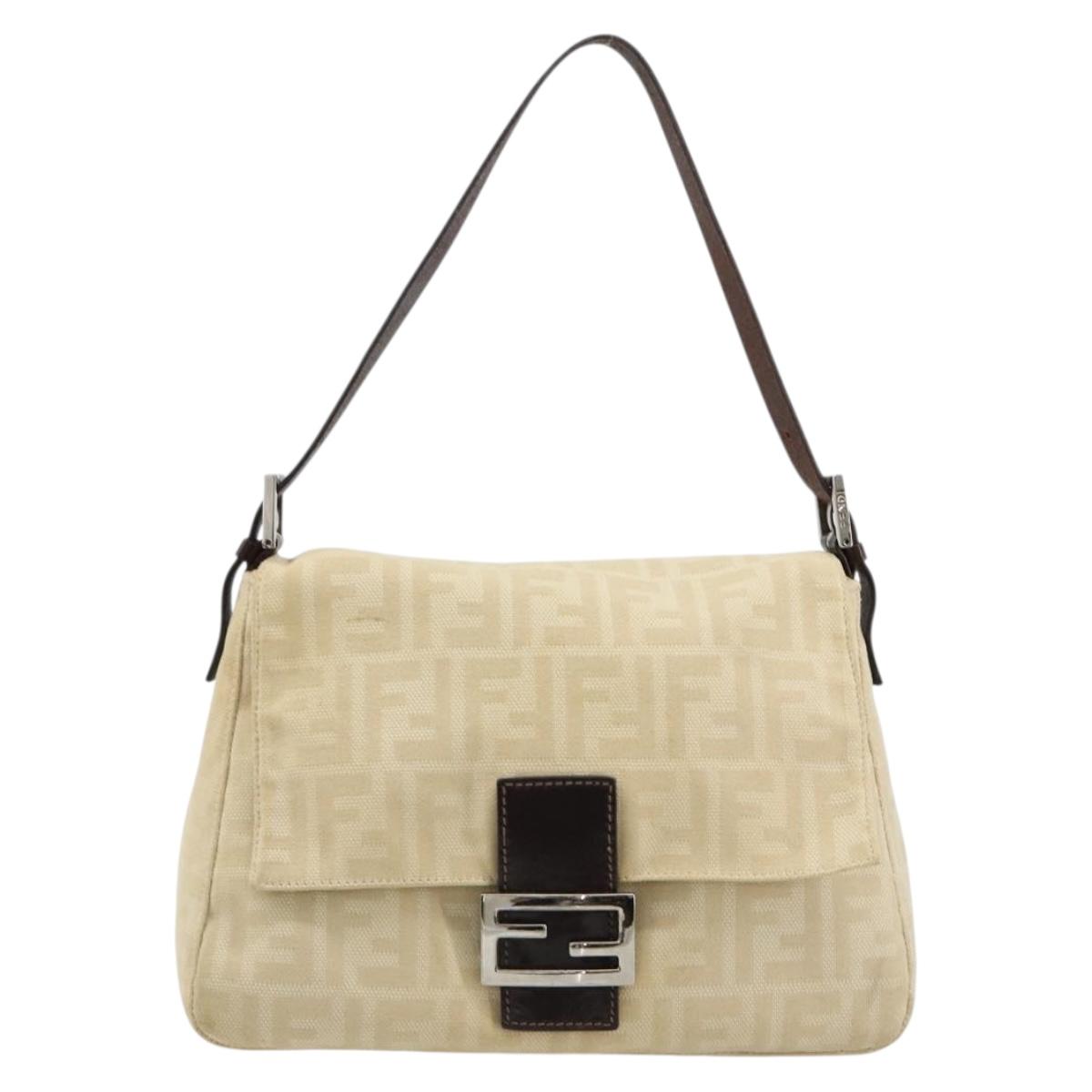 FENDI Zucca Canvas Mamma Baguette Shoulder Bag Beige Silver Auth 183770V