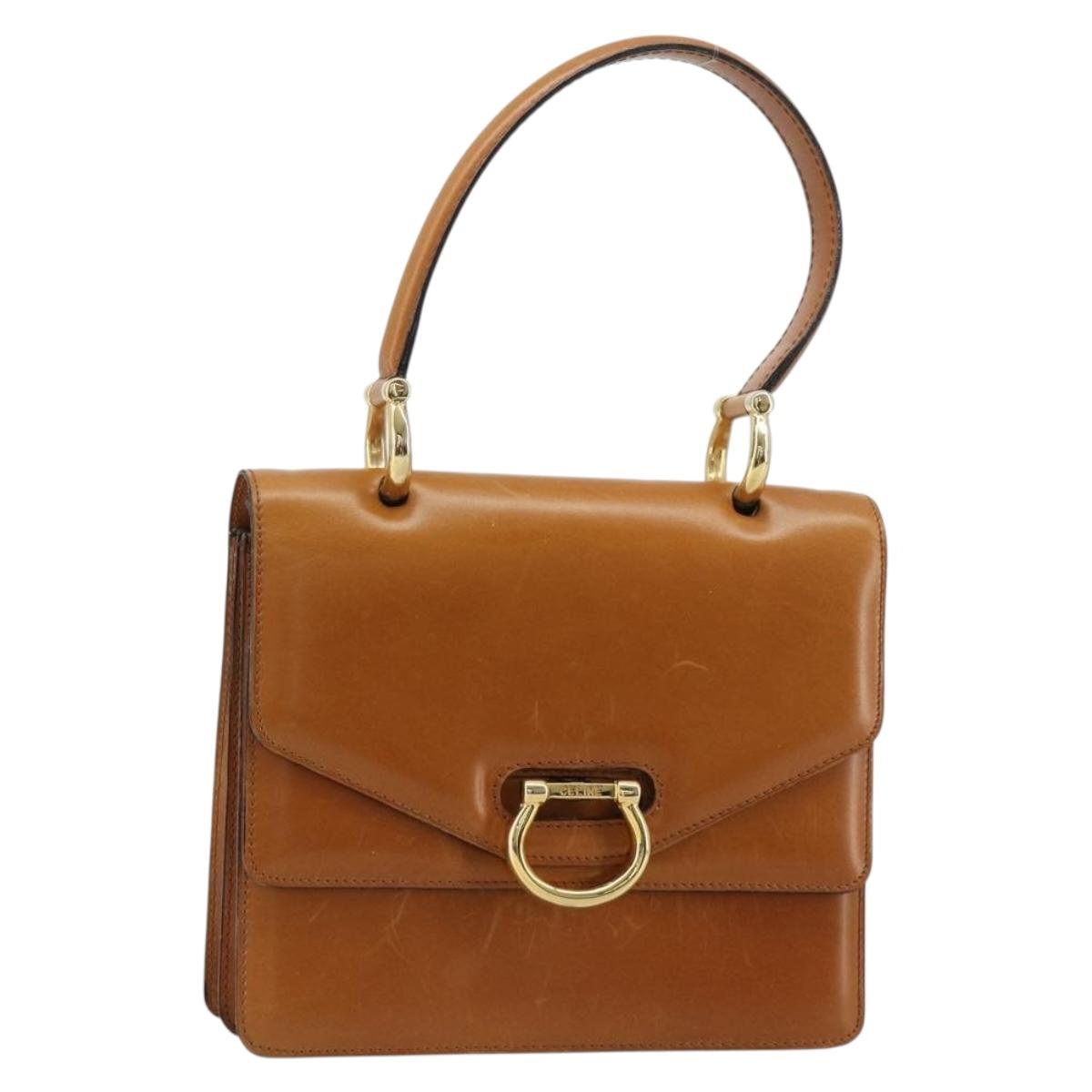 CELINE Hand Bag Leather Beige Gold Auth 183777