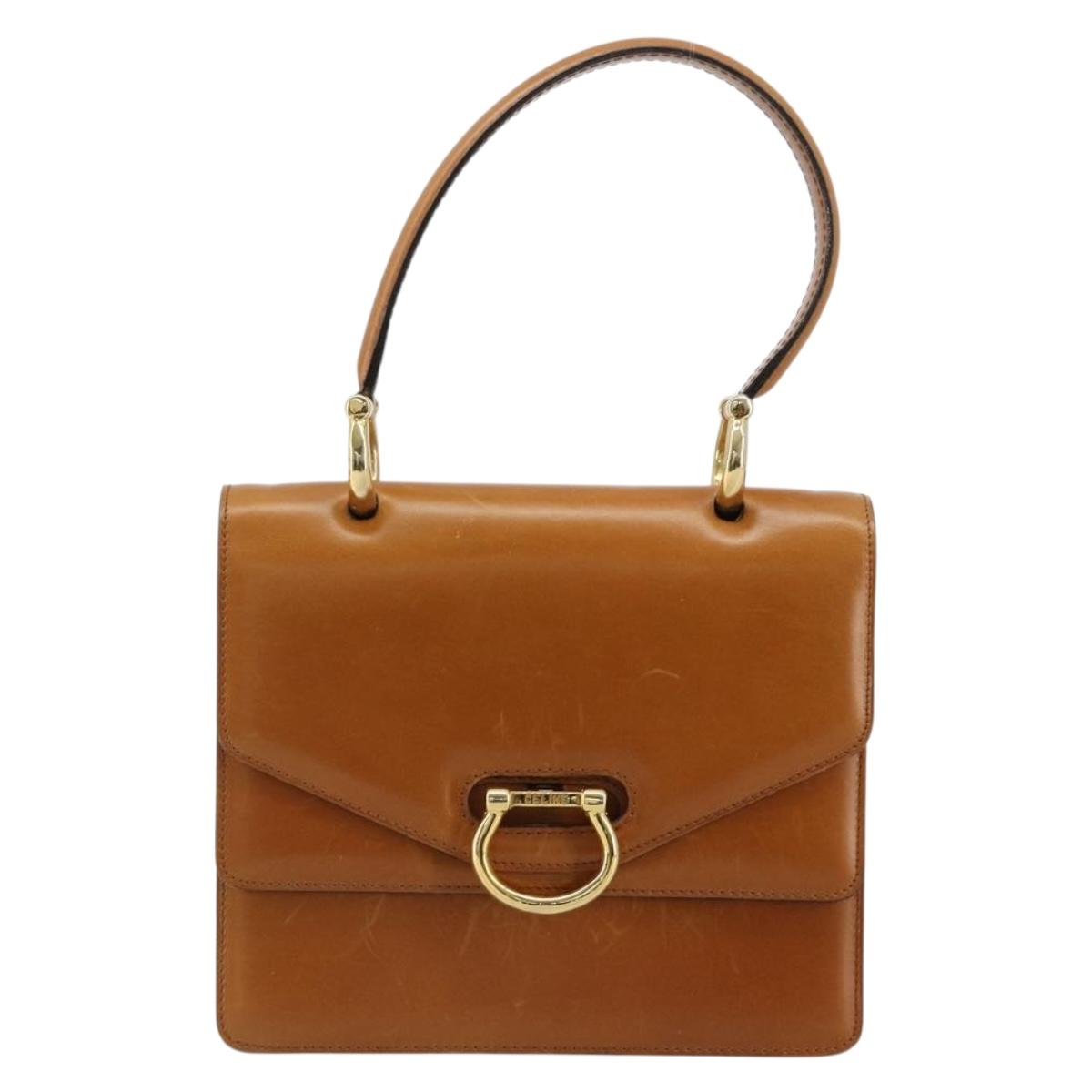 CELINE Hand Bag Leather Beige Gold Auth 183777