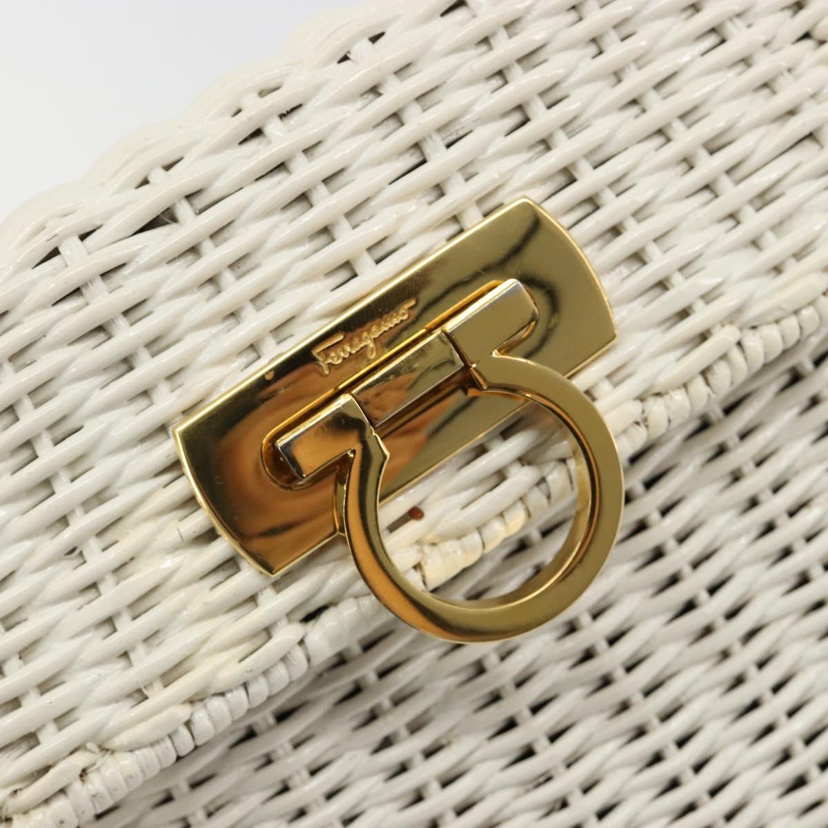 Salvatore Ferragamo Gancini Hand Bag Rattan White Gold Auth 183781A