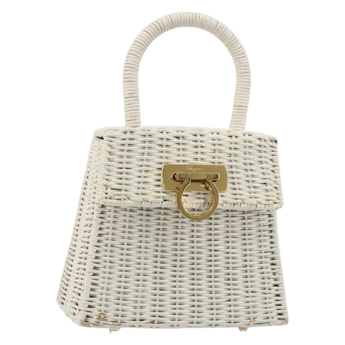 Salvatore Ferragamo Gancini Hand Bag Rattan White Gold Auth 183781A