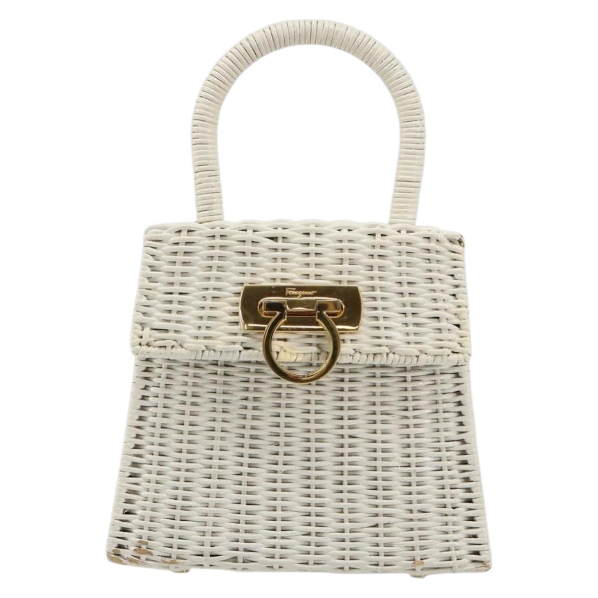 Salvatore Ferragamo Gancini Hand Bag Rattan White Gold Auth 183781A