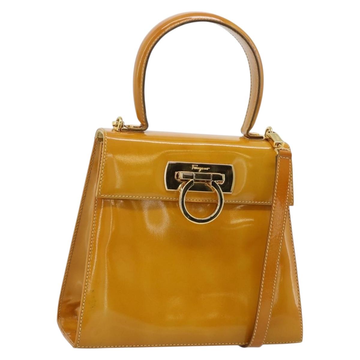 Salvatore Ferragamo Gancini Hand Bag Patent leather 2way Gold Yellow Auth 183782